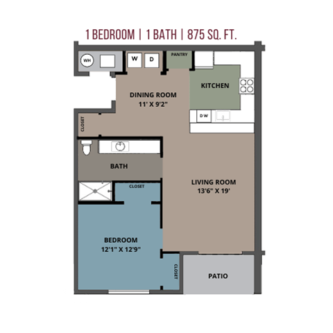 1 Bedroom, 1 Bathroom, 875 Square Feet